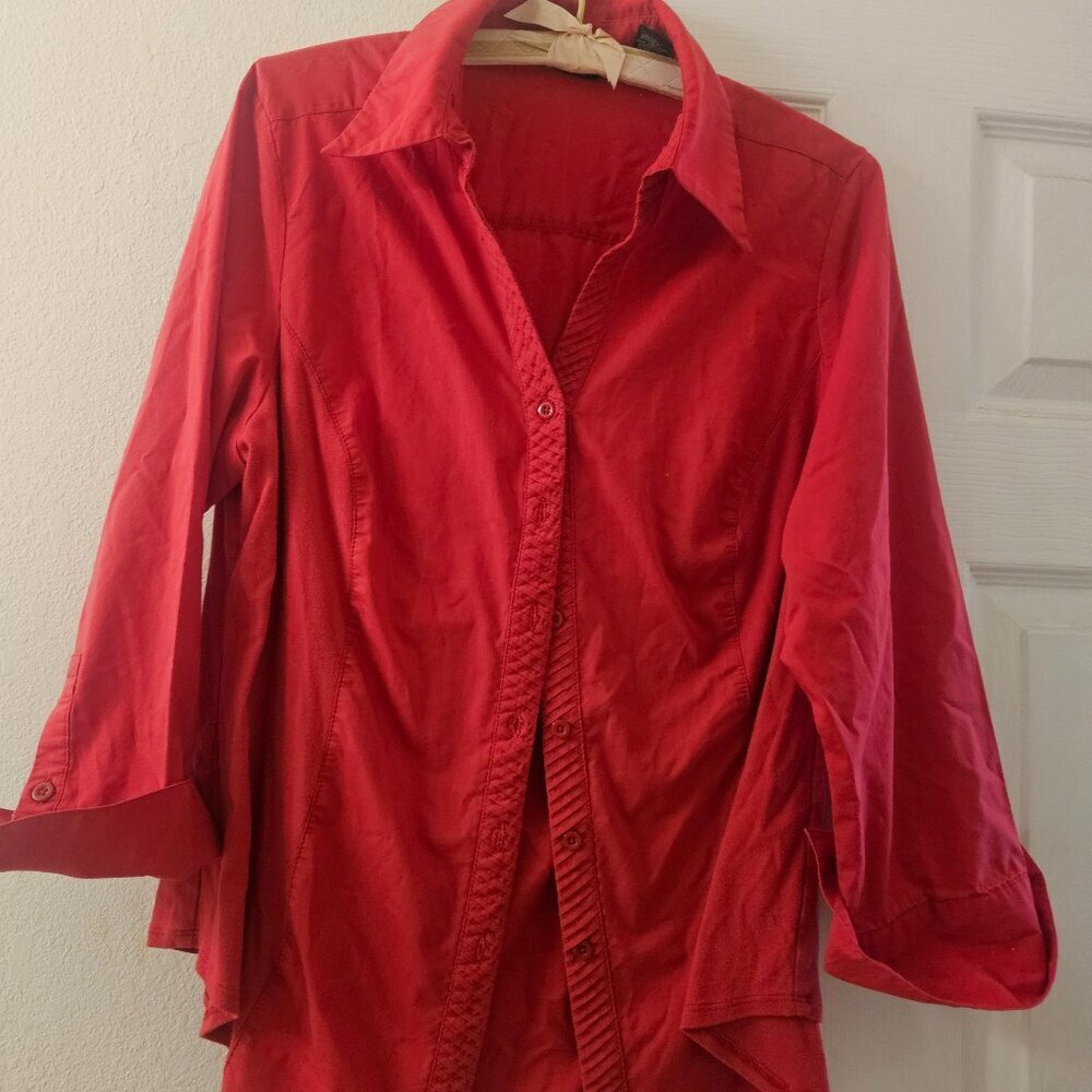 Zack & Rachel Romantic Red buttondown office 3/4 sleeve embroider stretch top XL
